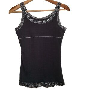 Justice Baby Doll Tank Top Juniors 18 Black Silver Lace Trim Ribbed Built in Bra